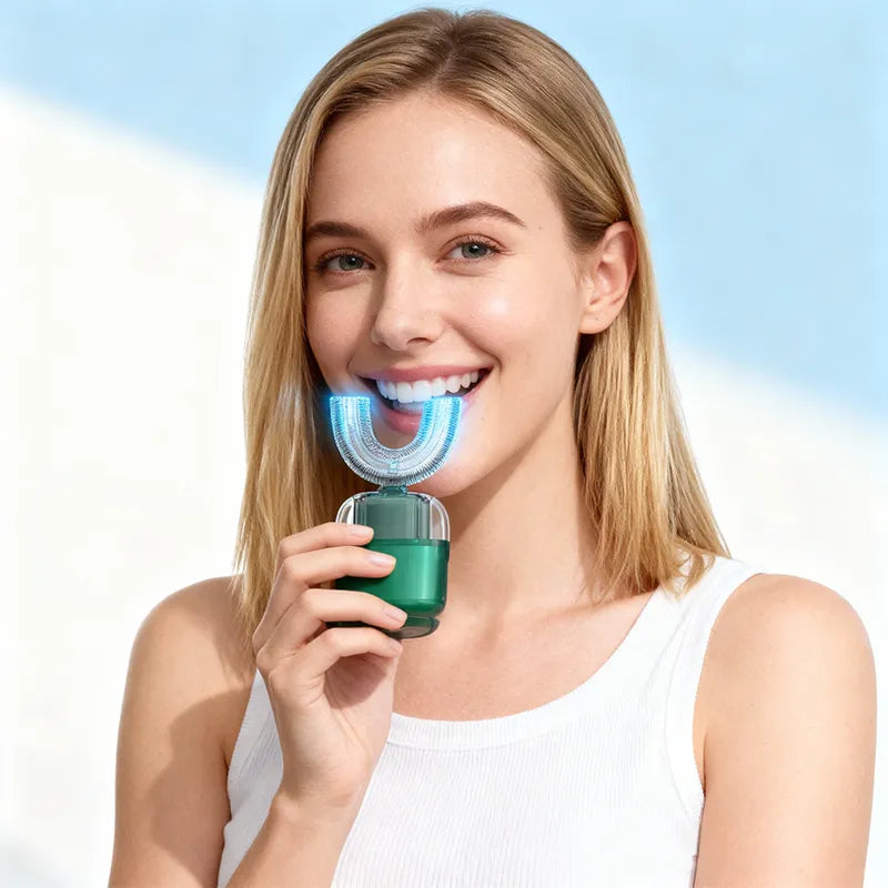 Ultrasonic Adult Electric Toothbrush，Sonic Toothbrush 360° Oral Cleaning Wireless Charging & LED Light|IPX7 Waterproof U-Shaped Brush Head Protects Gums